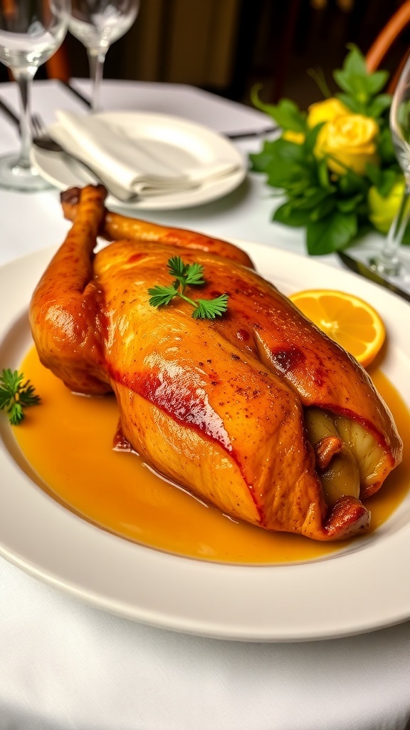 Roasted duck with orange sauce garnished with parsley and orange segments on an elegant table.